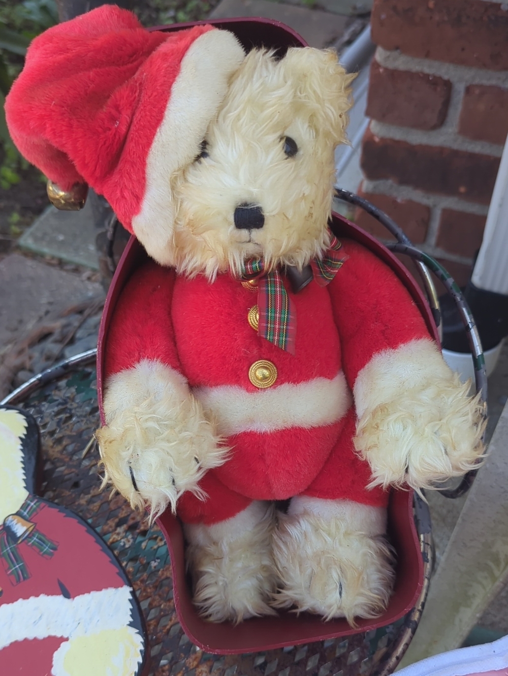 Source Unknown Red and Cream Plush Holiday Bear with Plaid Bow